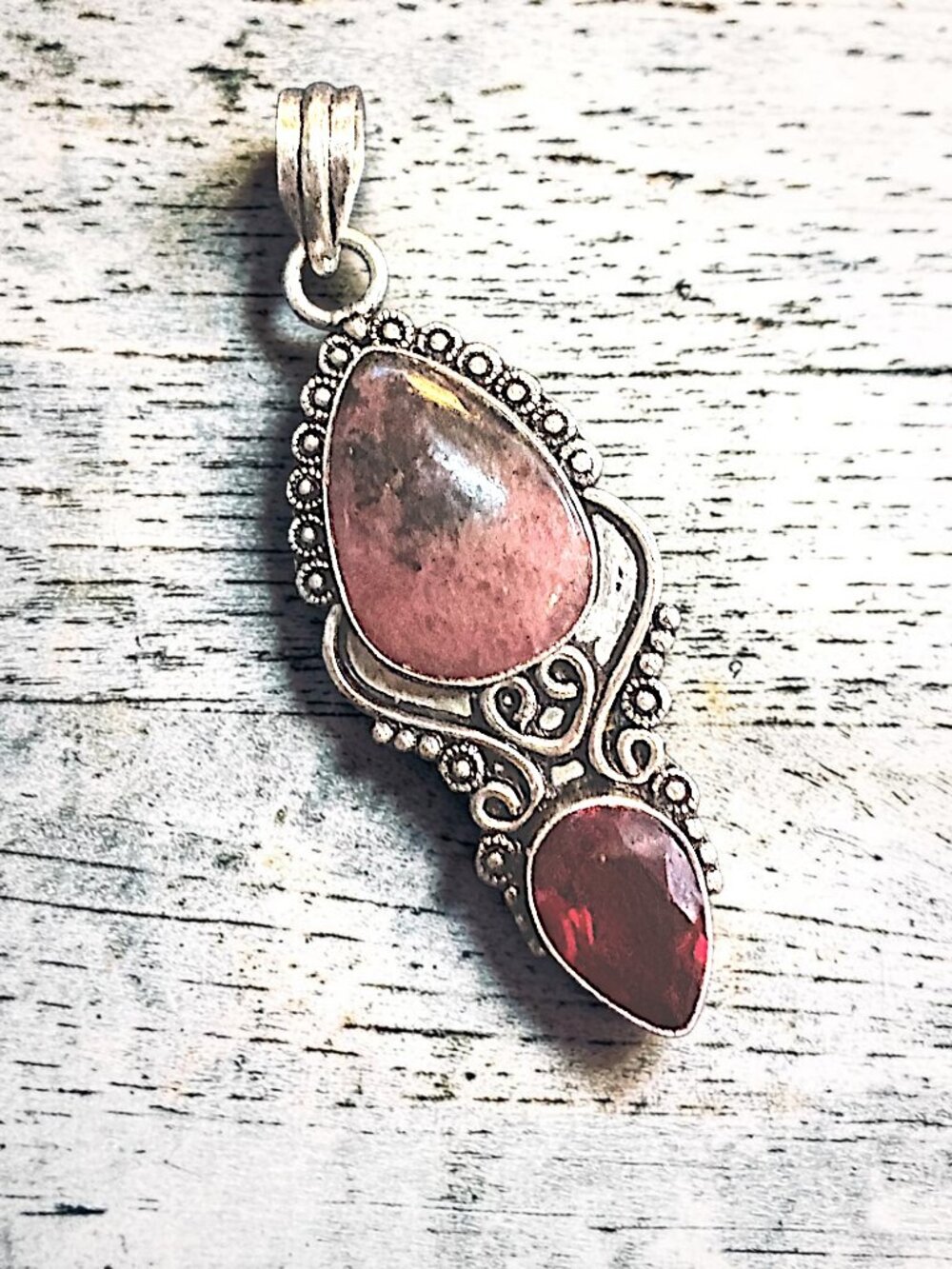 Rhodonite & Red Garnet Gemstone 925 Sterling Silver Handmade Pendant 2.5"